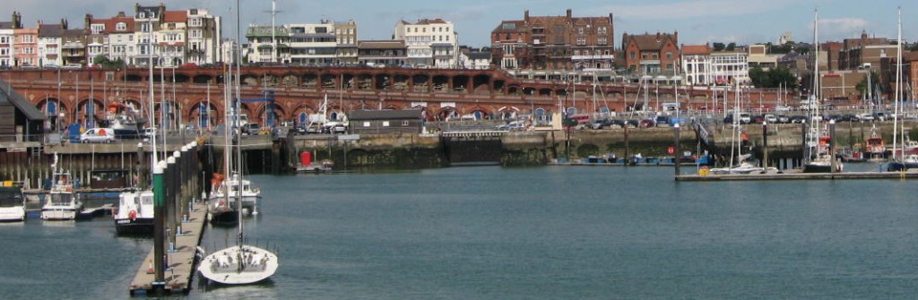 Looking back towards the yacht club from the marina, Ramsgate. Photo by me
